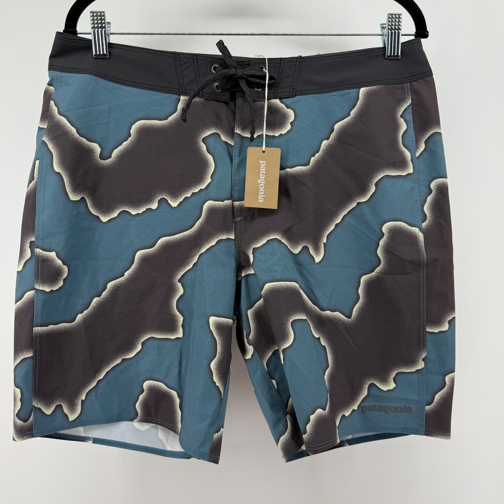 Patagonia Mens Size 32 Board Shorts Blue Black Abstract Print Swim Trunks 8.5in